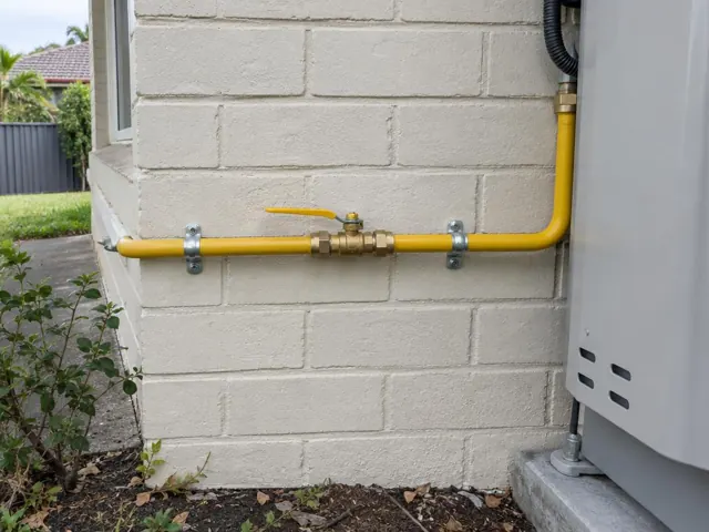 Yellow gas pipe and shutoff valve on a painted brick exterior wall beside a meter box in Eastgardens