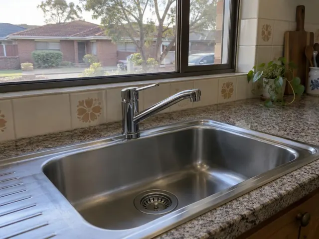 Kitchen sink with new mixer tap on speckled bench and tiled splashback in a home in Eastlakes